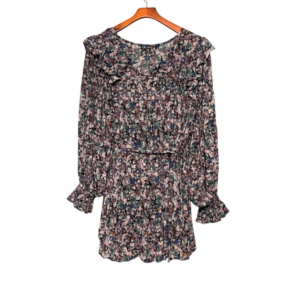 NWT Endless Rose Ruffle‎ Pleated Floral Romper Long Sleeve Sash Belt Size M